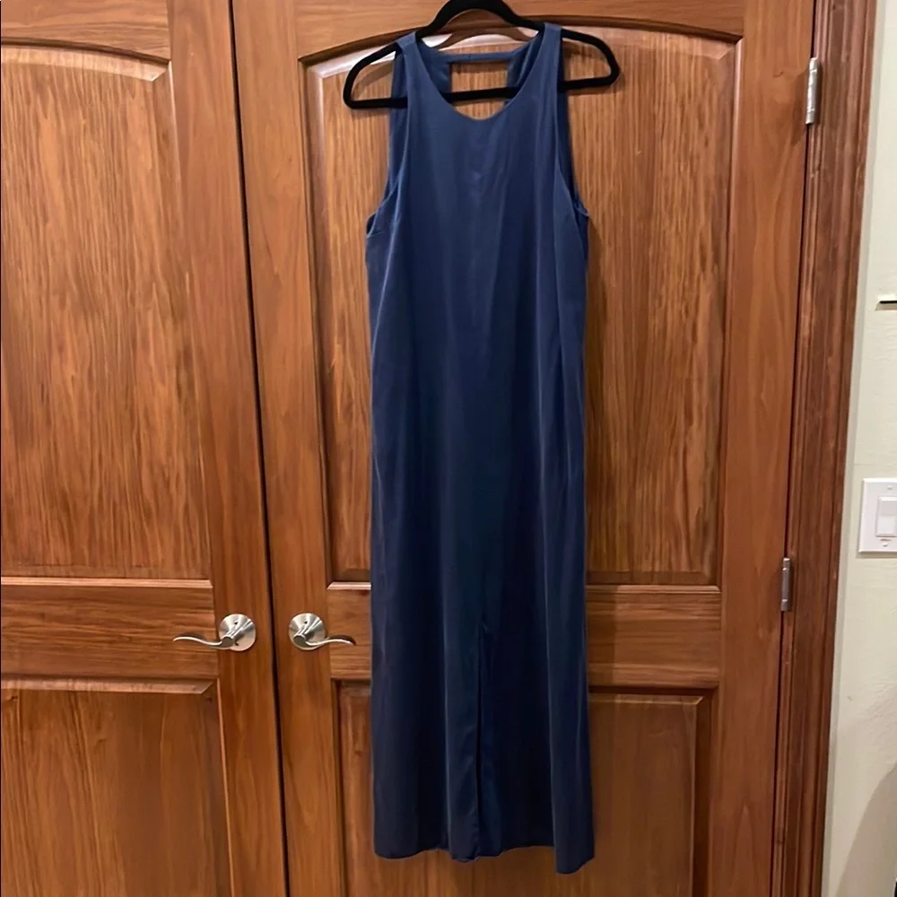 Lunya Washable Silk Racer Maxi Dress Navy Blue Deep V-Back Slit Minimalist L/XL - Picture 5 of 15